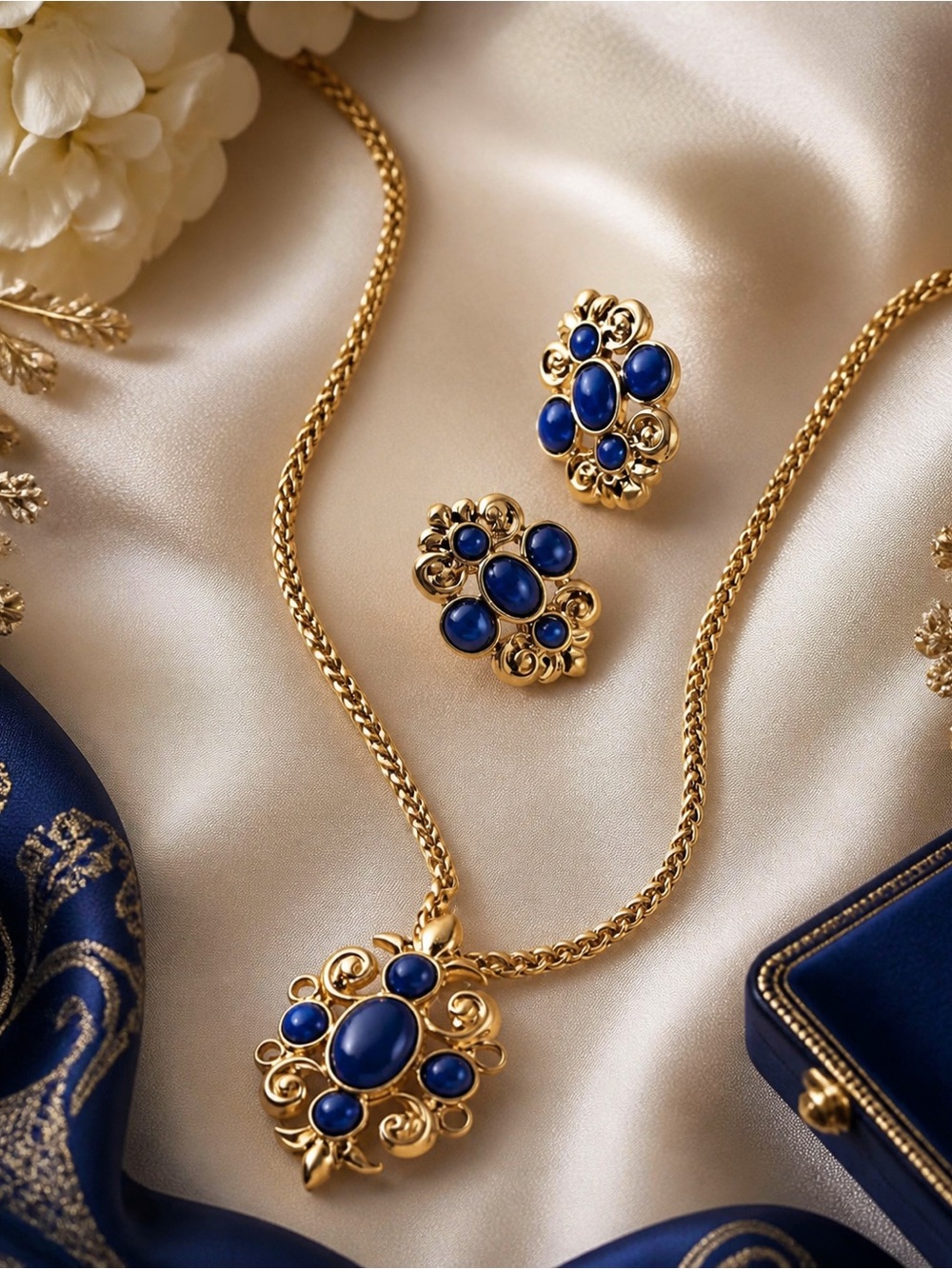 Royal Blue Crown Statement Necklace and Earring Set